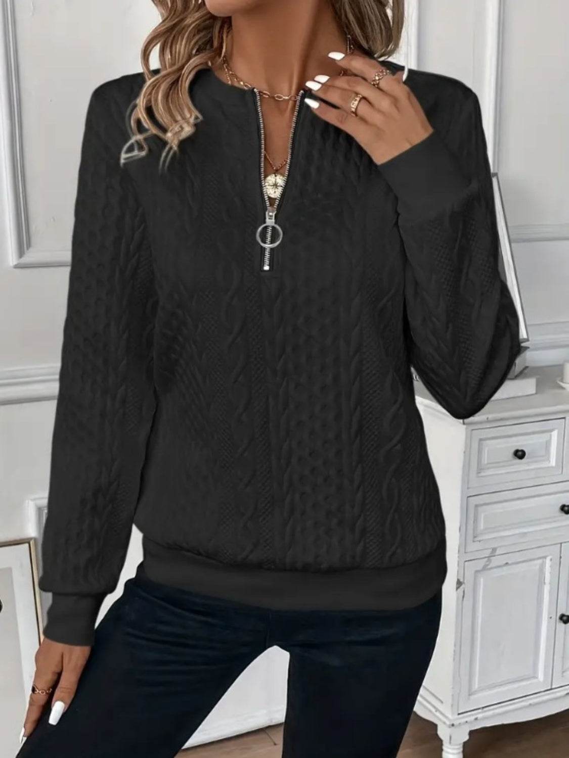 Strukturiertes Langarm-Sweatshirt mit Reißverschluss für Damen - FreeWave Fashion