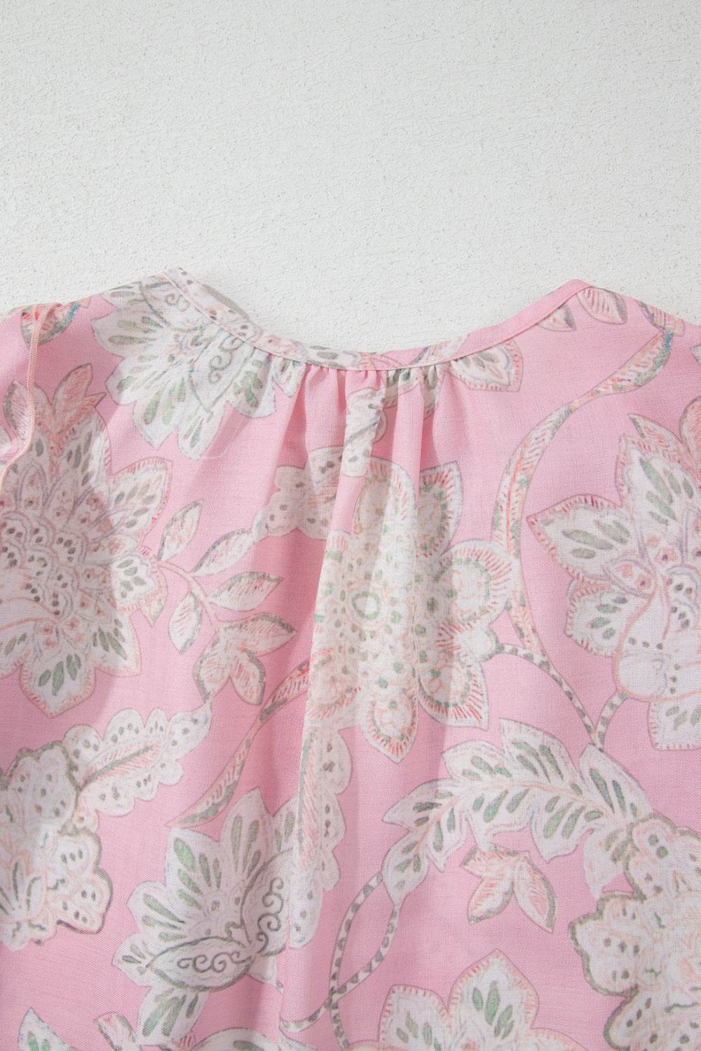 Floral Tie Neck Puff Sleeve Blouse - FreeWave Fashion 