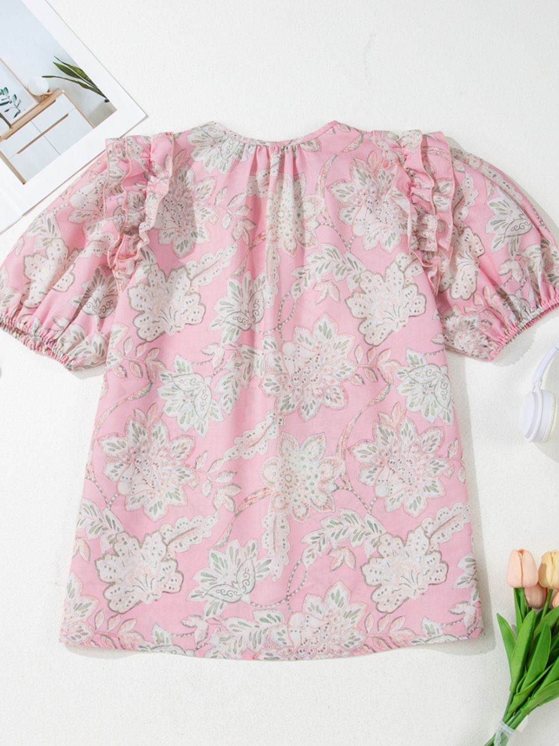 Floral Tie Neck Puff Sleeve Blouse - FreeWave Fashion 