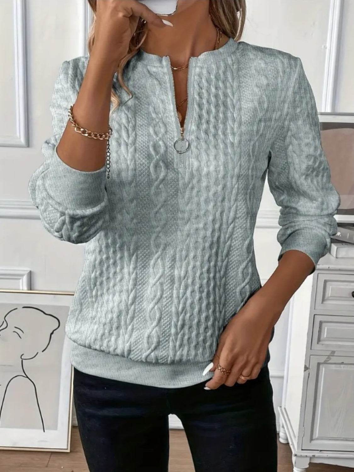 Strukturiertes Langarm-Sweatshirt mit Reißverschluss für Damen - FreeWave Fashion