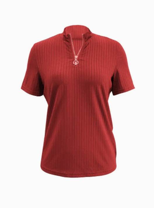 Damen V-Ausschnitt T-Shirt mit Reißverschluss, kurzärmlig - FreeWave Fashion