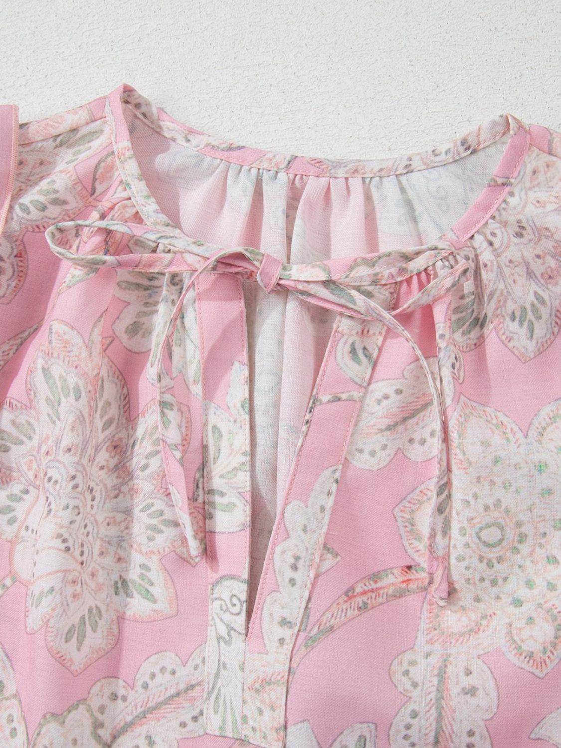 Floral Tie Neck Puff Sleeve Blouse - FreeWave Fashion 