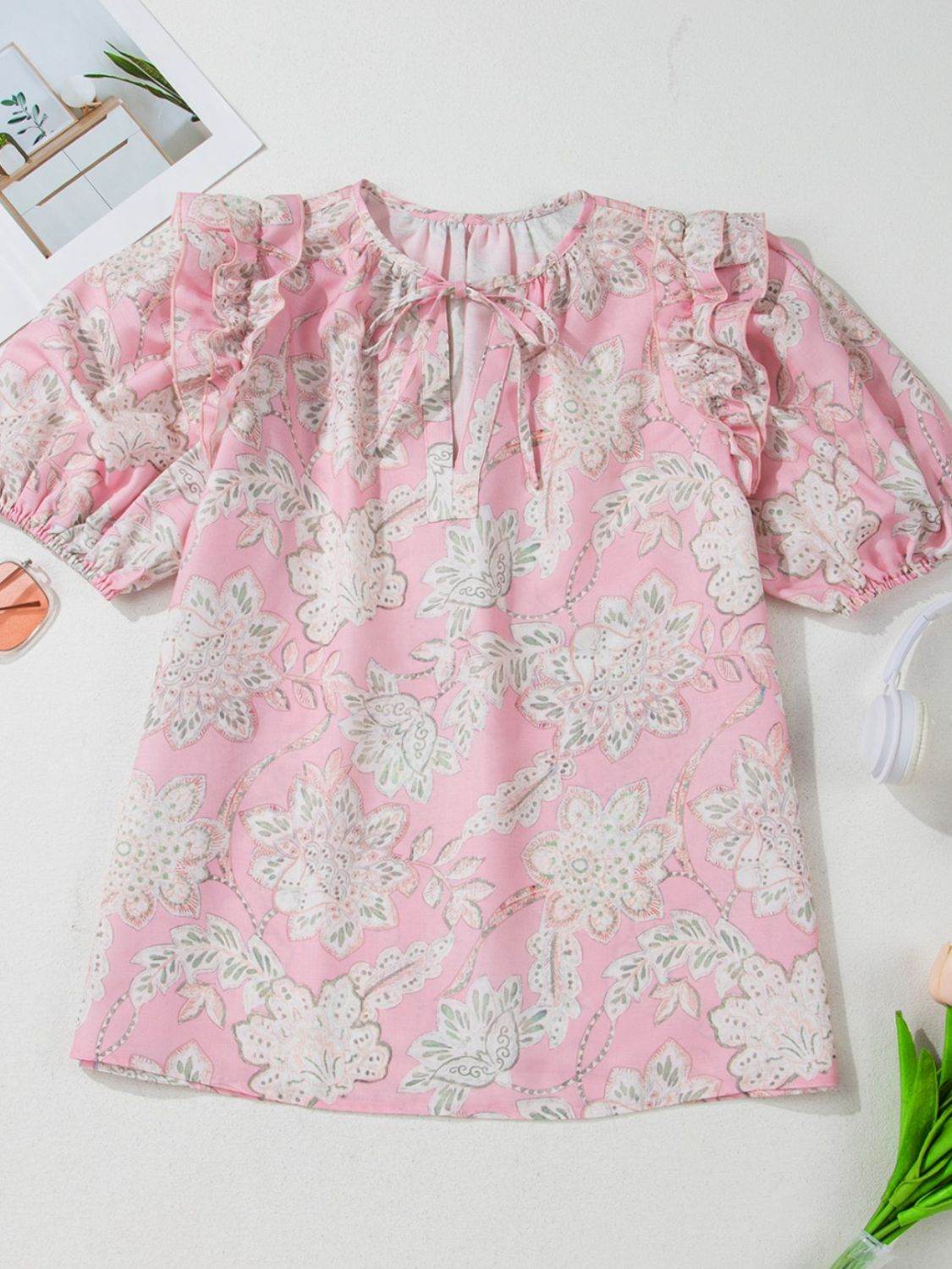 Floral Tie Neck Puff Sleeve Blouse - FreeWave Fashion 
