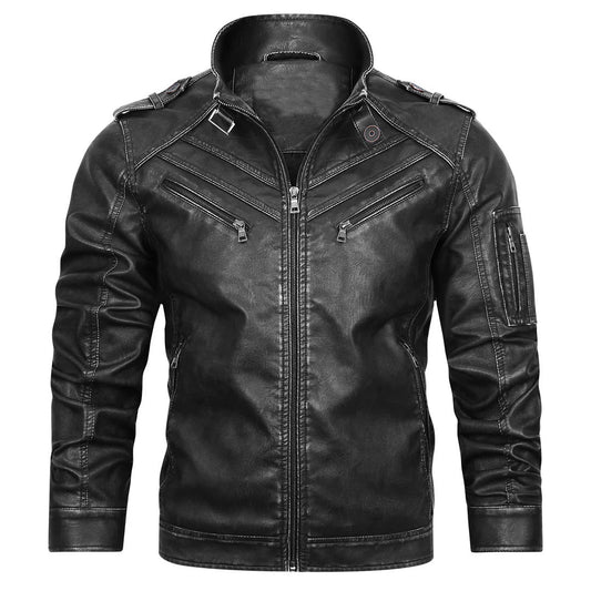 Herren-Lederjacke im Vintage-Washed-Look mit Stehkragen und verblassten Kanten, gefertigt aus hochwertigem Echtleder für stilvolle Outfits.
