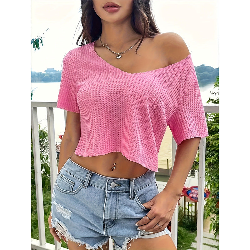 Sommerpullover mit V-Ausschnitt, kurzes, bauchfreies Oberteil