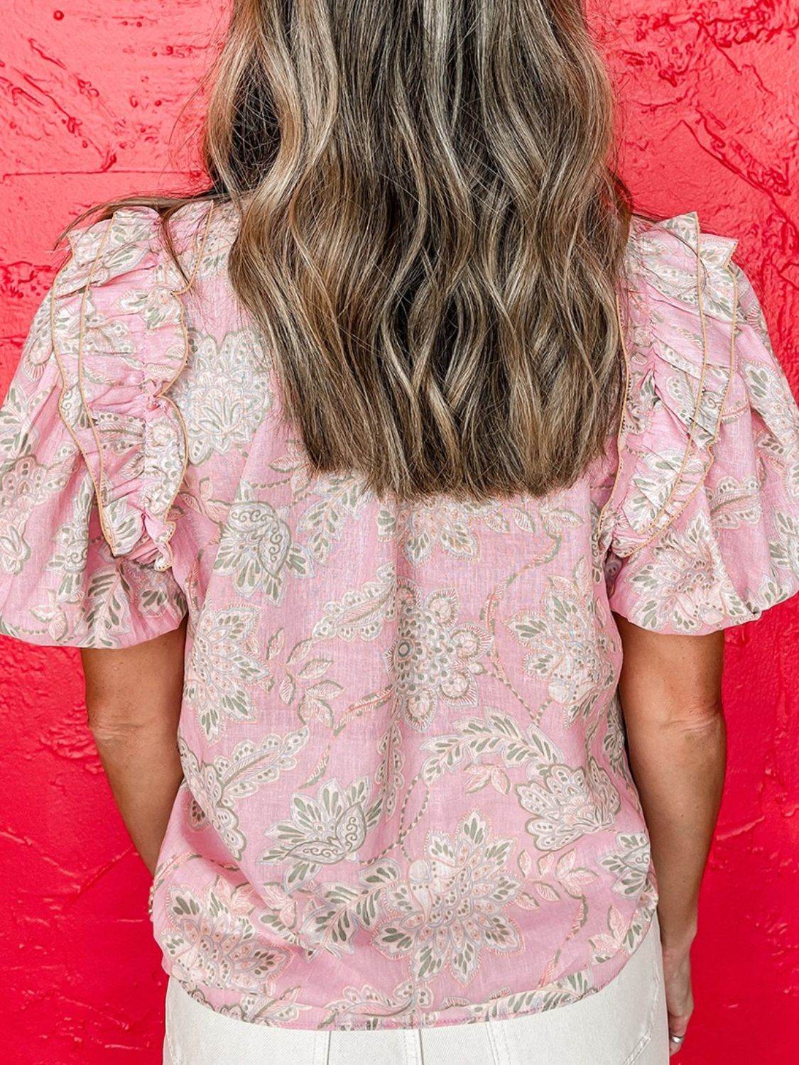 Floral Tie Neck Puff Sleeve Blouse - FreeWave Fashion 