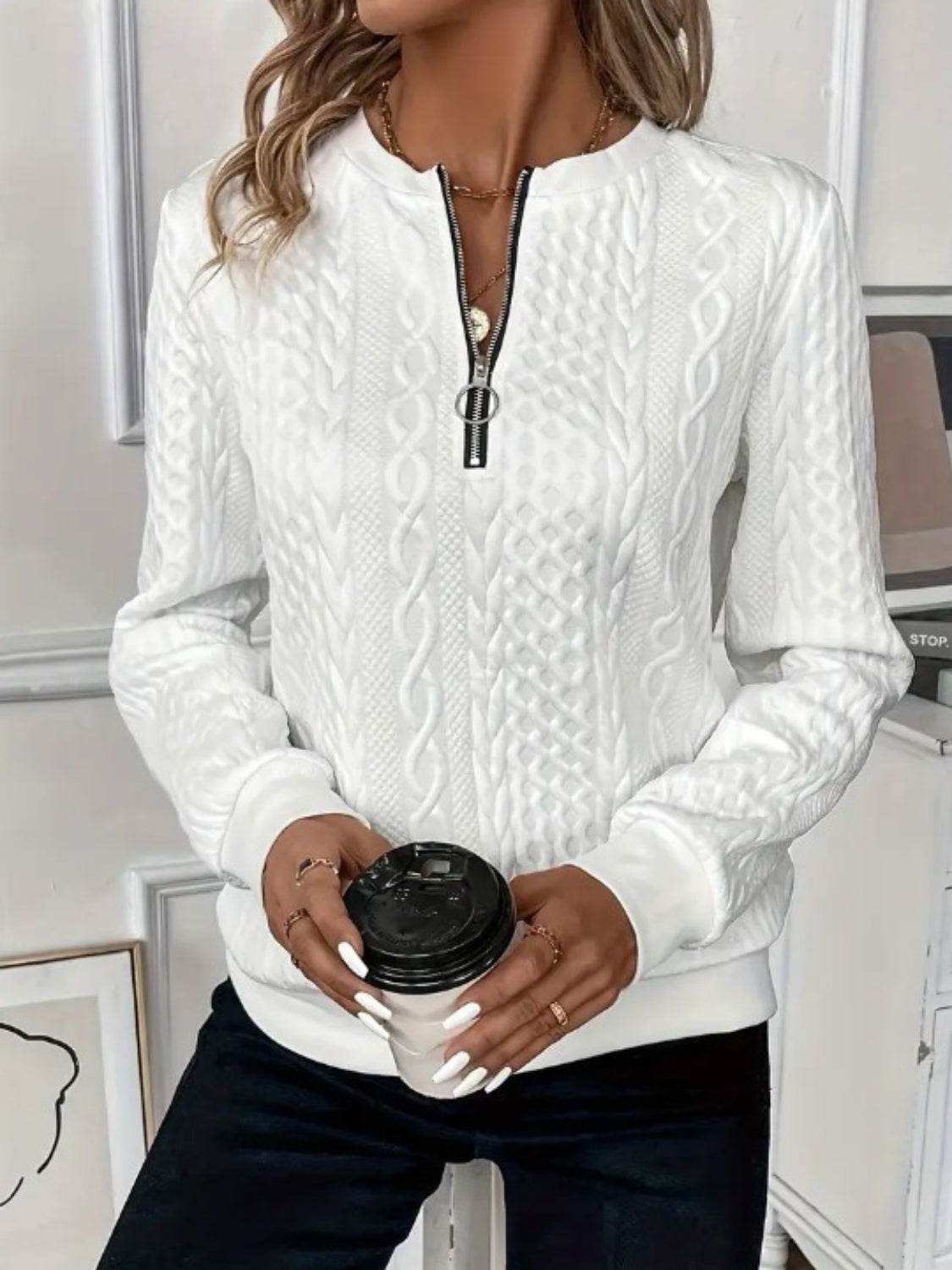 Strukturiertes Langarm-Sweatshirt mit Reißverschluss für Damen - FreeWave Fashion
