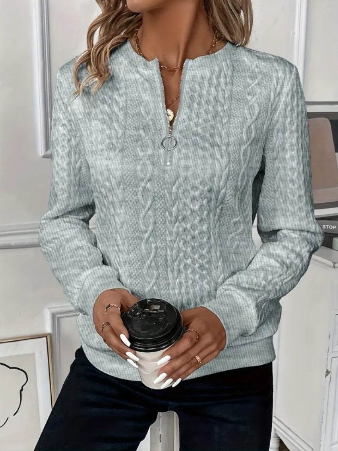 Strukturiertes Langarm-Sweatshirt mit Reißverschluss für Damen - FreeWave Fashion