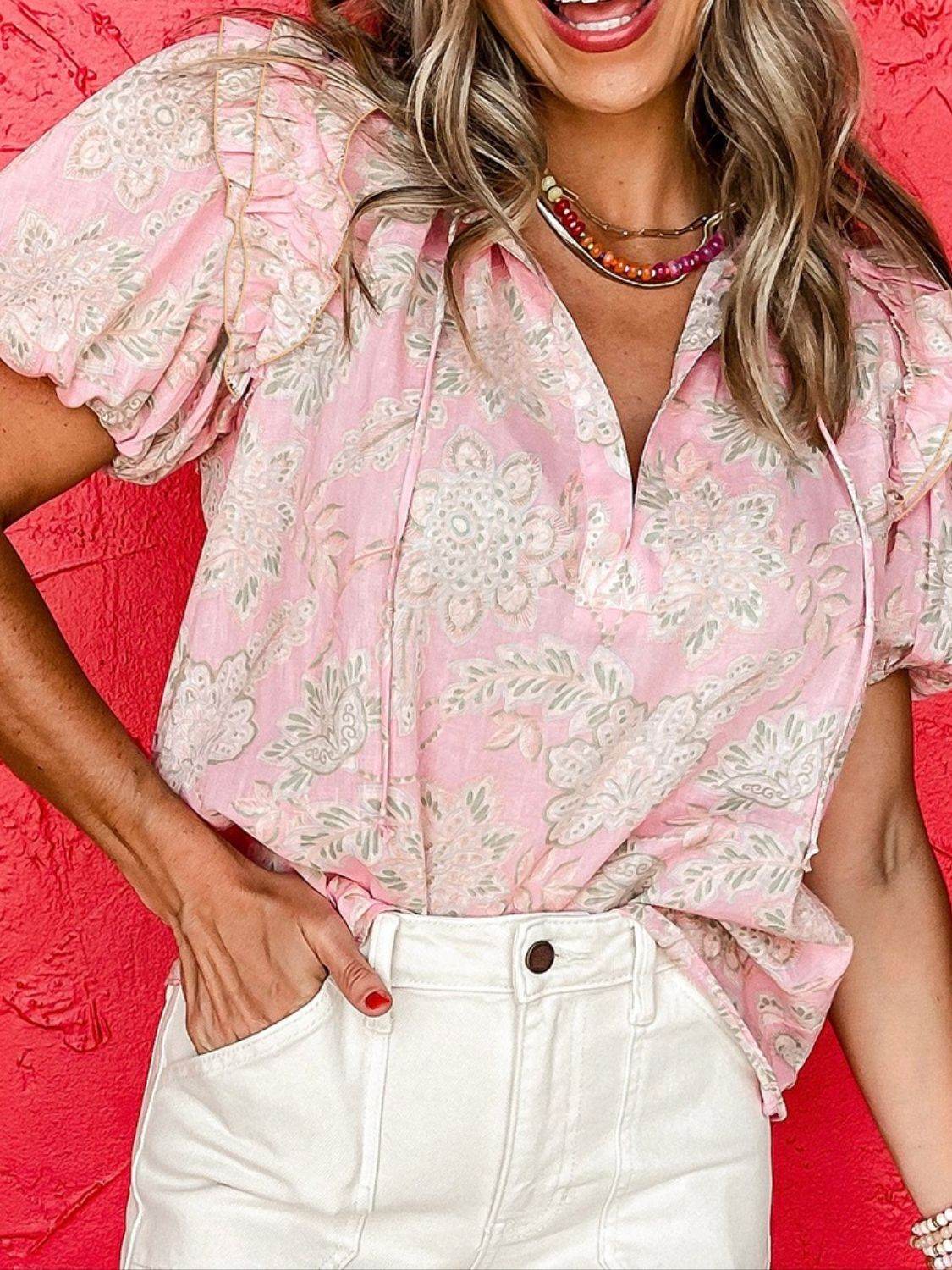 Floral Tie Neck Puff Sleeve Blouse - FreeWave Fashion 