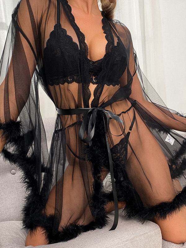 Verführerisches Damen-Nachtkleid mit Federn und Mesh - FreeWave Fashion 