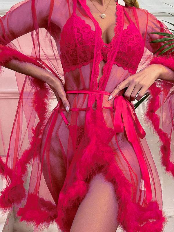 Verführerisches Damen-Nachtkleid mit Federn und Mesh - FreeWave Fashion 