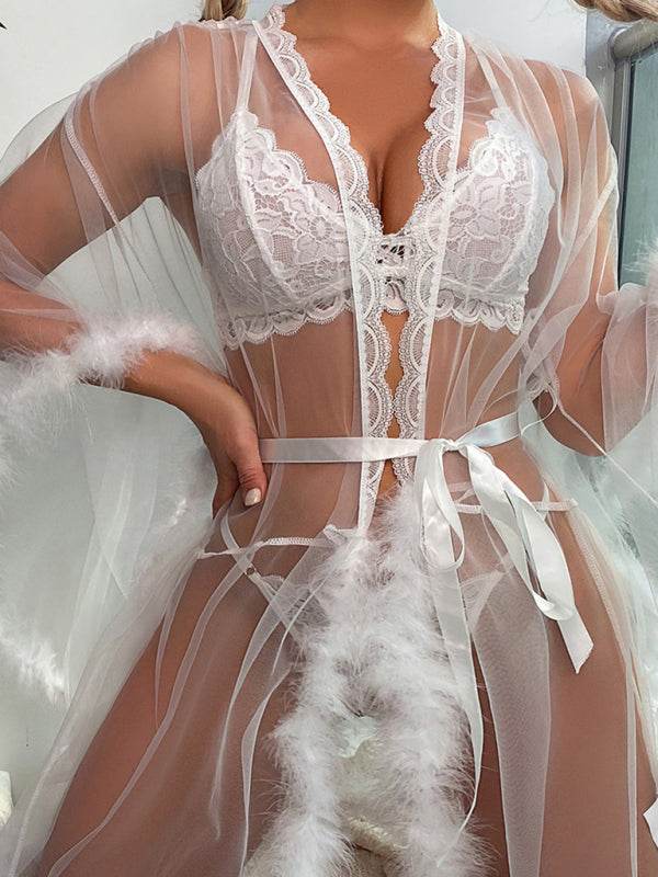 Verführerisches Damen-Nachtkleid mit Federn und Mesh - FreeWave Fashion 
