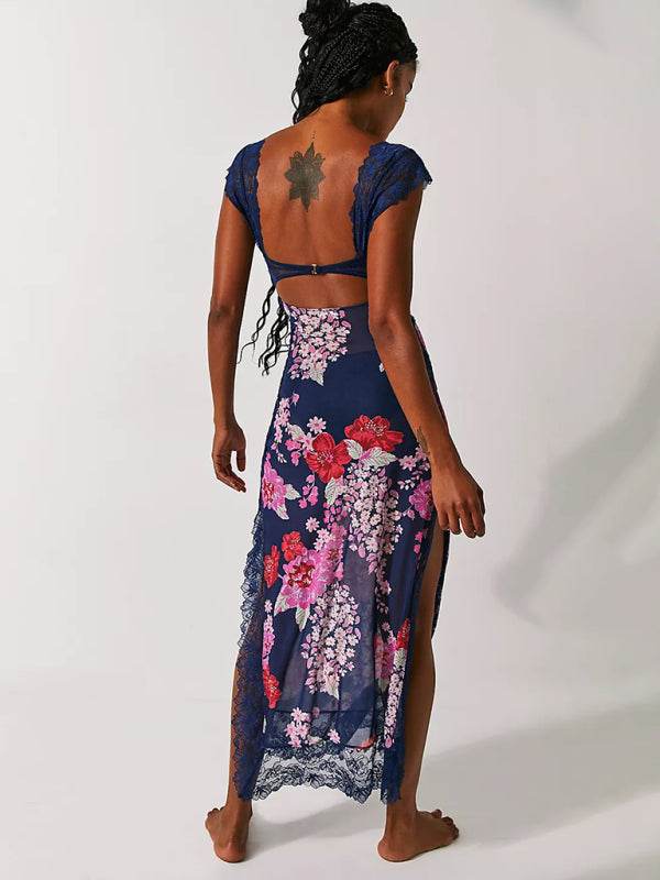 Langes Kleid mit zarten Spitzenträgern und Schlitz - FreeWave Fashion 