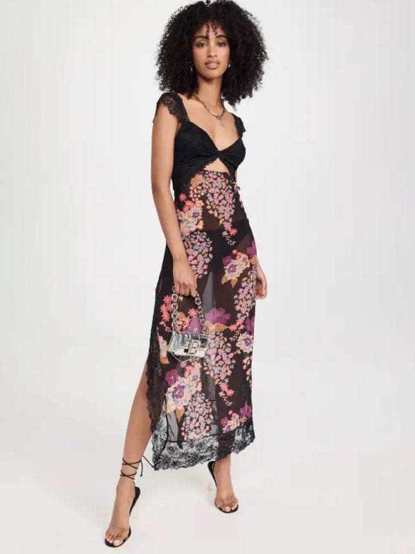 Langes Kleid mit zarten Spitzenträgern und Schlitz - FreeWave Fashion 