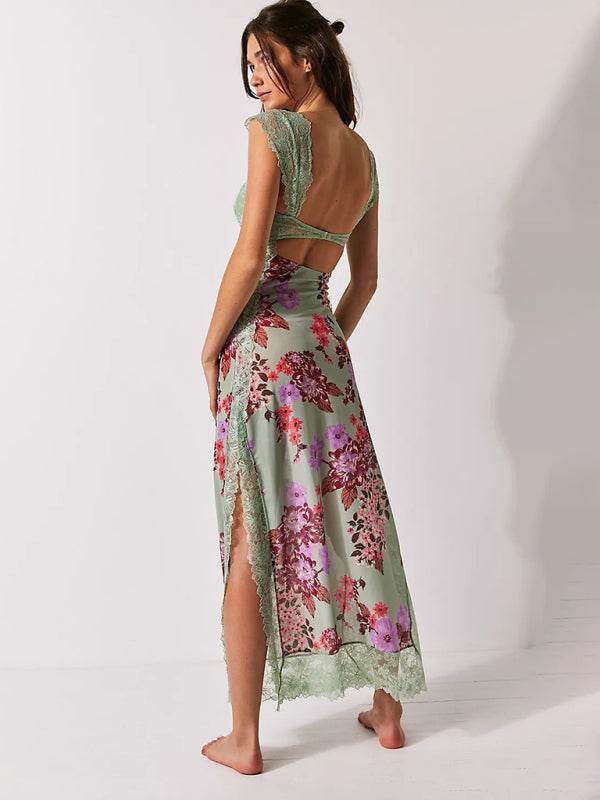 Langes Kleid mit zarten Spitzenträgern und Schlitz - FreeWave Fashion 