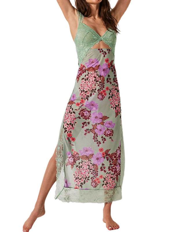 Langes Kleid mit zarten Spitzenträgern und Schlitz - FreeWave Fashion 