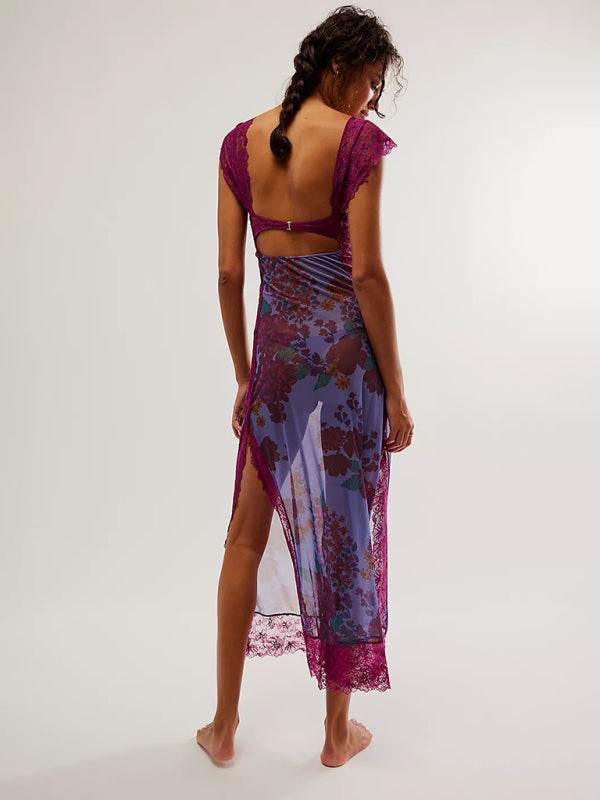 Langes Kleid mit zarten Spitzenträgern und Schlitz - FreeWave Fashion 