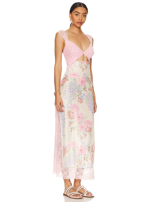 Langes Kleid mit zarten Spitzenträgern und Schlitz - FreeWave Fashion 
