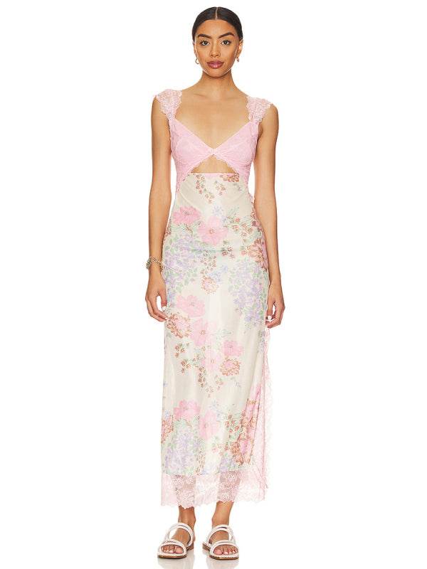 Langes Kleid mit zarten Spitzenträgern und Schlitz - FreeWave Fashion 