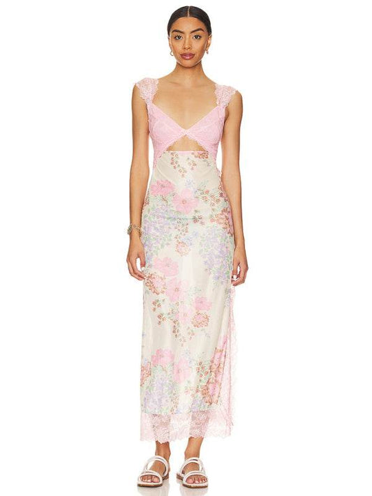 Langes Kleid mit zarten Spitzenträgern und Schlitz - FreeWave Fashion 