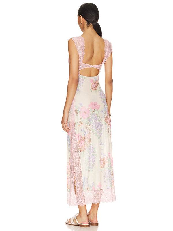 Langes Kleid mit zarten Spitzenträgern und Schlitz - FreeWave Fashion 