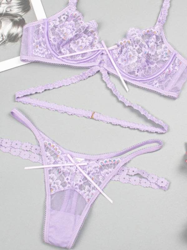 New sexy flower embroidered sexy lingerie set lace thong bra three-piece set with underwire - FreeWave Fashion 