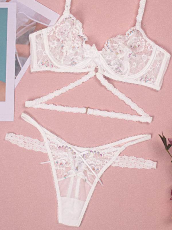 New sexy flower embroidered sexy lingerie set lace thong bra three-piece set with underwire - FreeWave Fashion 