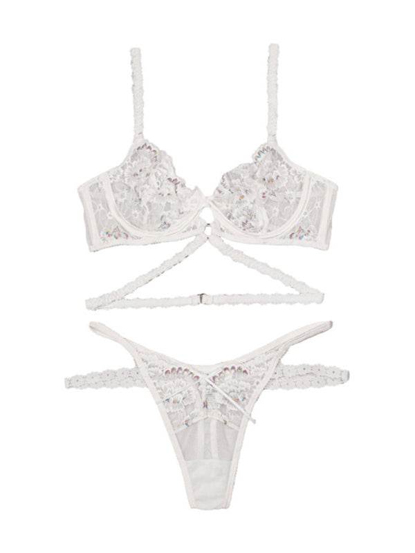 New sexy flower embroidered sexy lingerie set lace thong bra three-piece set with underwire - FreeWave Fashion 