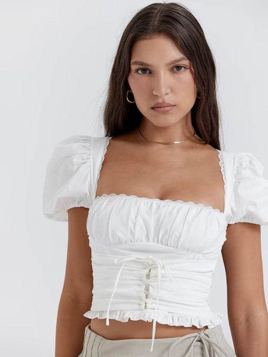 Retro-Shirt mit quadratischem Ausschnitt und Puffärmeln aus Spitze - FreeWave Fashion 