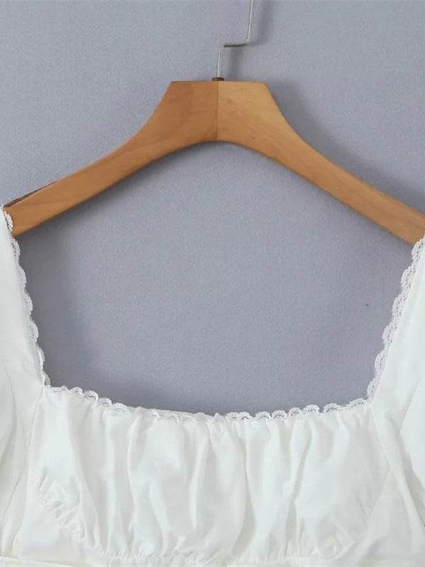 Retro-Shirt mit quadratischem Ausschnitt und Puffärmeln aus Spitze - FreeWave Fashion 