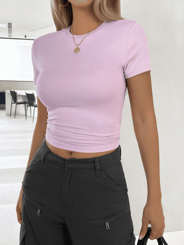 Unifarbenes Oberteil, tailliertes, kurzes, schmal geschnittenes, nabelfreies T-Shirt - FreeWave Fashion 