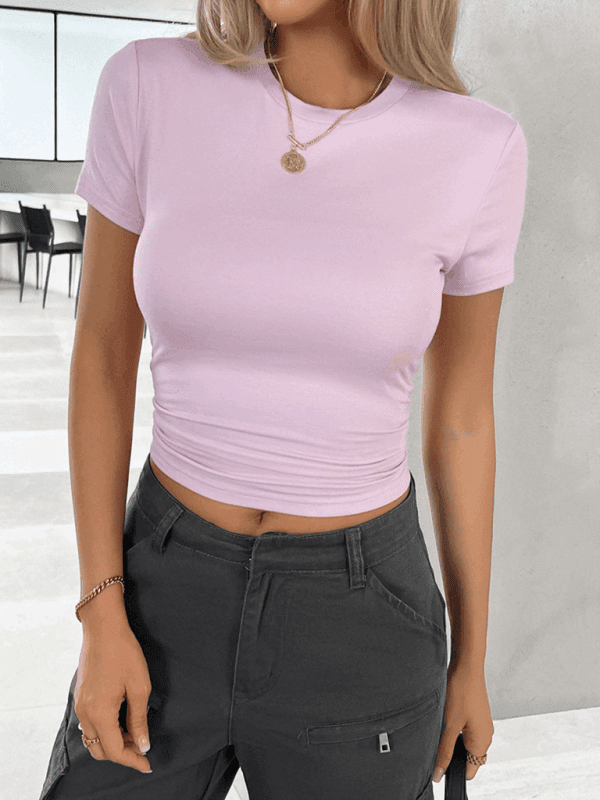 Unifarbenes Oberteil, tailliertes, kurzes, schmal geschnittenes, nabelfreies T-Shirt - FreeWave Fashion 