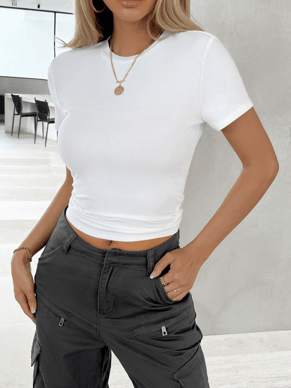 Unifarbenes Oberteil, tailliertes, kurzes, schmal geschnittenes, nabelfreies T-Shirt - FreeWave Fashion 