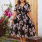 Übergröße Damen V-Ausschnitt Flatterärmel Tailliertes Blumenkleid - FreeWave Fashion 