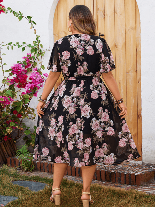 Übergröße Damen V-Ausschnitt Flatterärmel Tailliertes Blumenkleid - FreeWave Fashion 