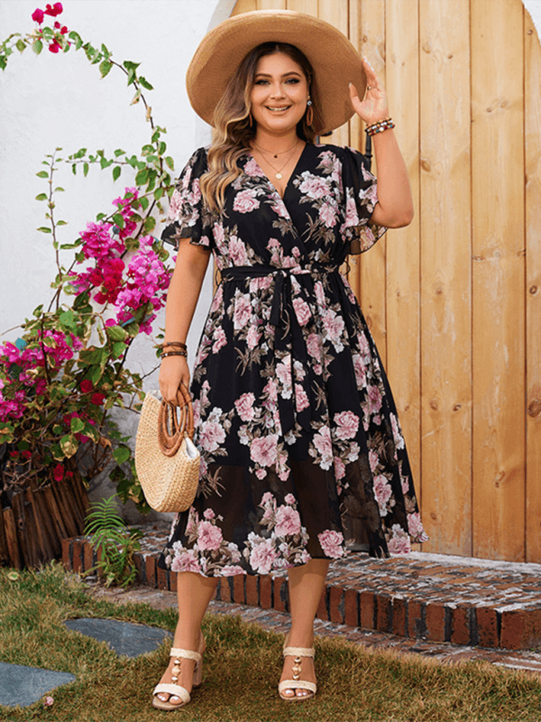 Übergröße Damen V-Ausschnitt Flatterärmel Tailliertes Blumenkleid - FreeWave Fashion 
