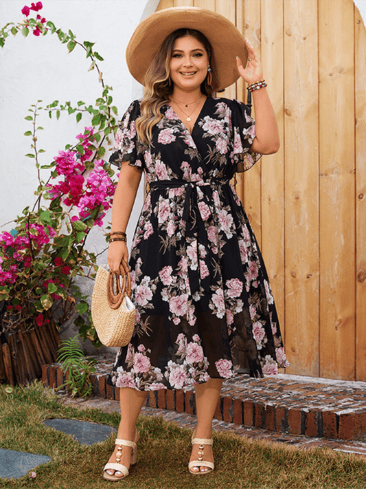Übergröße Damen V-Ausschnitt Flatterärmel Tailliertes Blumenkleid - FreeWave Fashion 
