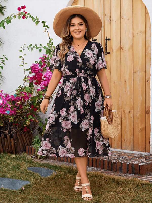 Übergröße Damen V-Ausschnitt Flatterärmel Tailliertes Blumenkleid - FreeWave Fashion 