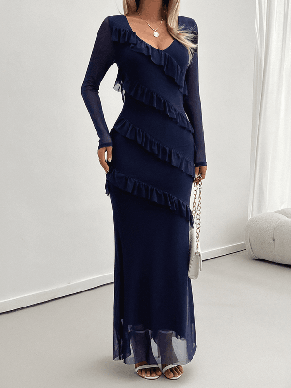 Elegante Slim-Style V-Ausschnitt Kleid mit langen Ärmeln - FreeWave Fashion 
