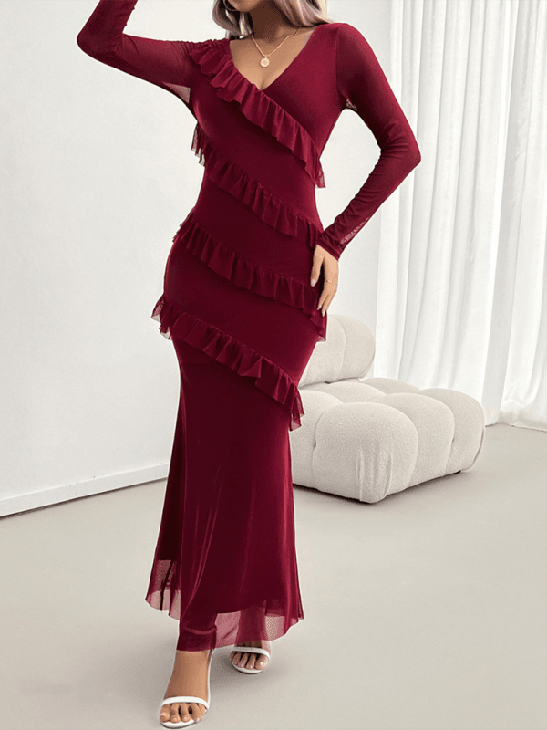 Elegante Slim-Style V-Ausschnitt Kleid mit langen Ärmeln - FreeWave Fashion 