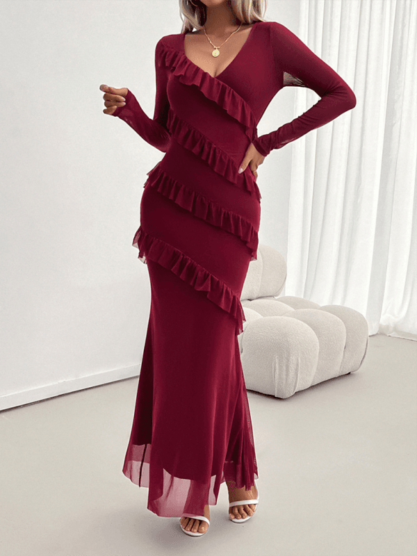 Elegante Slim-Style V-Ausschnitt Kleid mit langen Ärmeln - FreeWave Fashion 