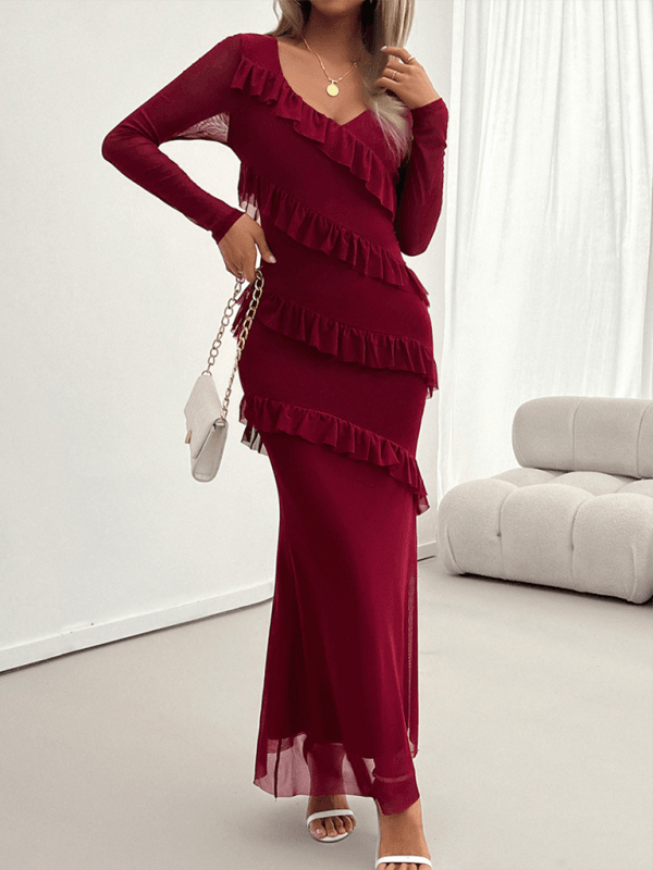 Elegante Slim-Style V-Ausschnitt Kleid mit langen Ärmeln - FreeWave Fashion 