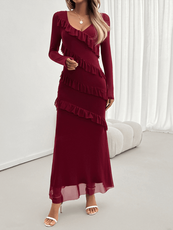 Elegante Slim-Style V-Ausschnitt Kleid mit langen Ärmeln - FreeWave Fashion 
