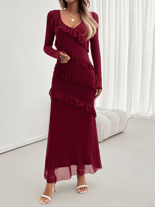 Elegante Slim-Style V-Ausschnitt Kleid mit langen Ärmeln - FreeWave Fashion 